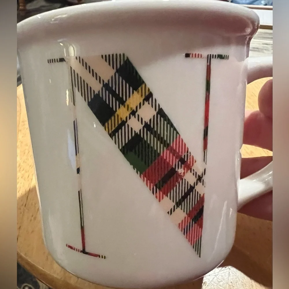 Pottery Barn Monogram Initial Mug Coffee Tea Letter N Plaid Tartan Holiday